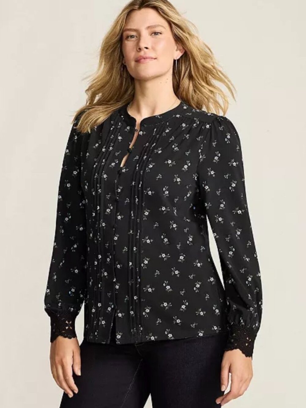 Lands End Women's Size Xl Button Front Pintuck Floral Top Blouse Lace Navy Blue